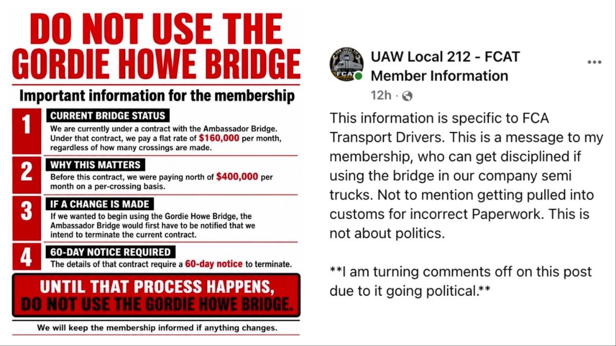 Stellantis Truck Drivers Directed to Avoid Gordie Howe Bridge Due to Toll Contract