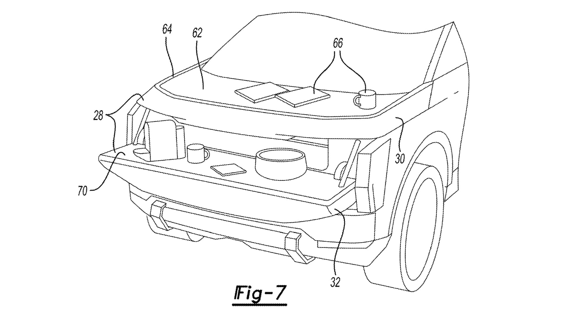 Ford Patent Shows Pickup with Fold-Out Front Work Surface and Rear TV